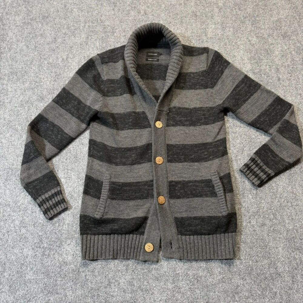 Zanerobe Mens S Shawl Collar Cardigan Sweater Gray Striped Button Cotton Blend